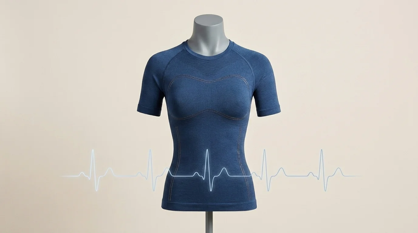 Close-up of a biometric smart shirt with woven conductive-thread sensor panel at the chest, clean editorial product detail