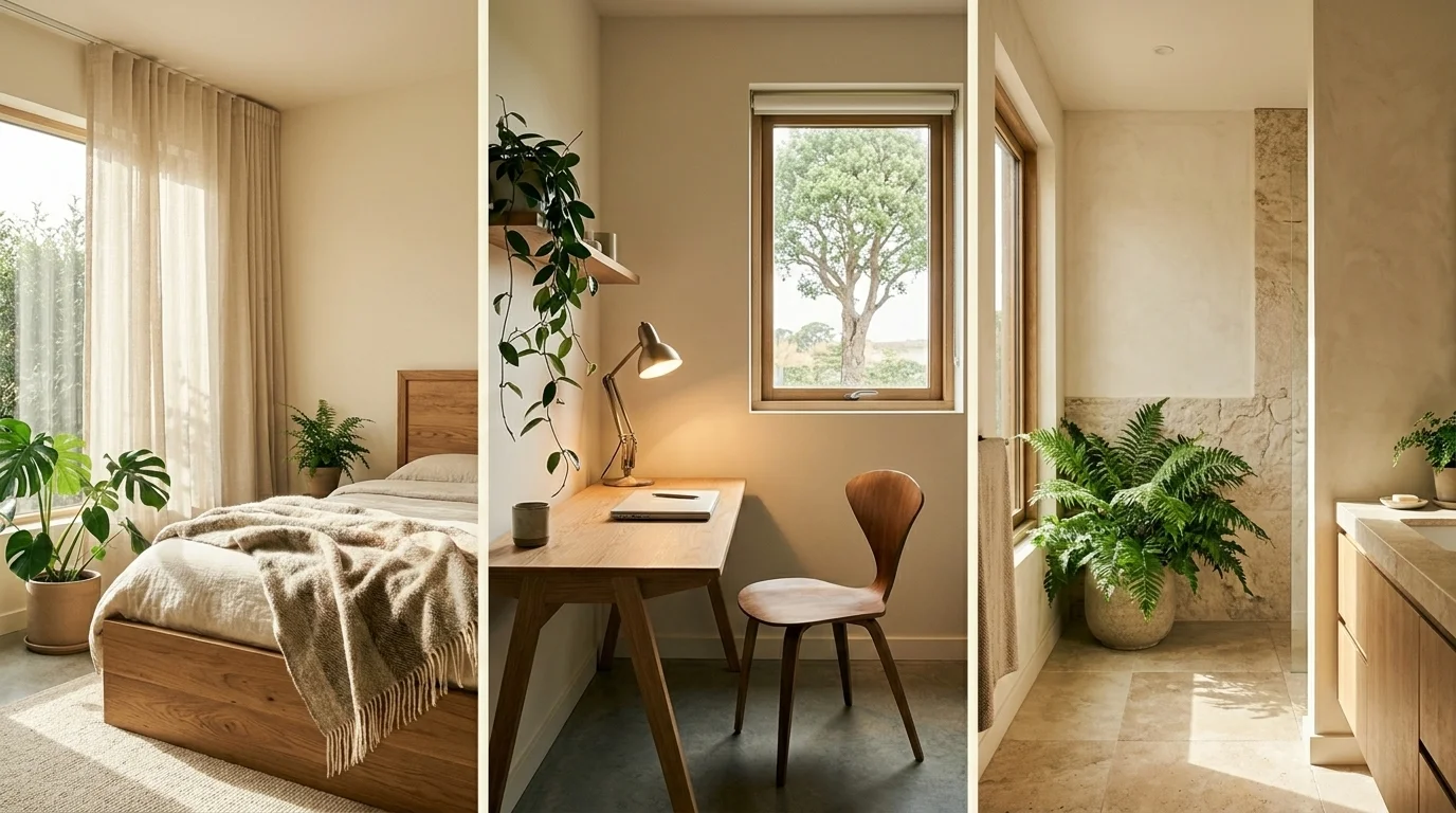 Three biophilic rooms side by side: a sunlit timber bedroom, a home workspace with a window view, and a stone bathroom