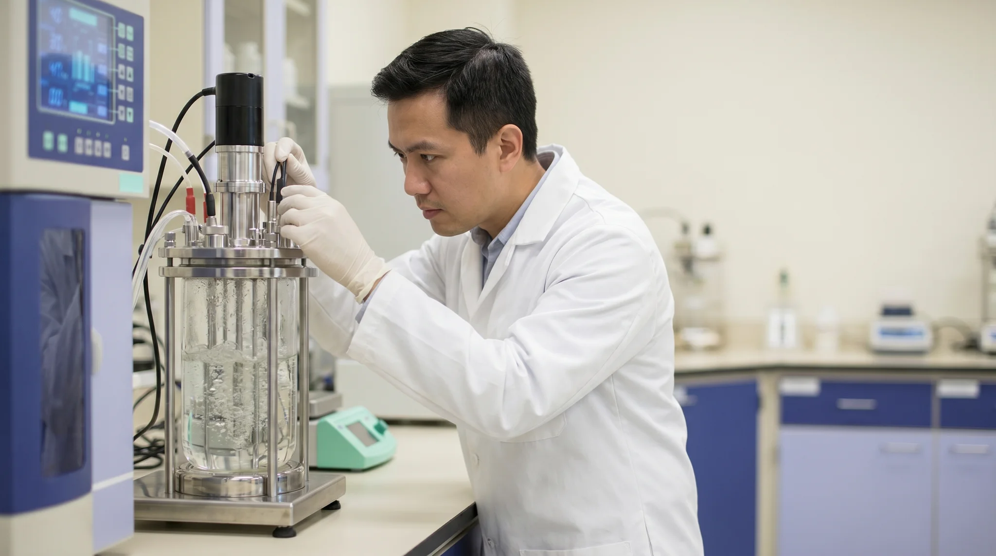 Scientist in a modern biotech lab examining a fermentation vessel producing a novel ingredient