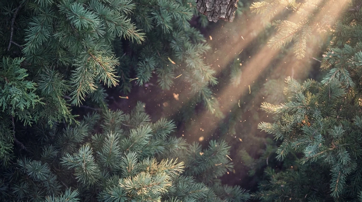Close-up of forest canopy with sunlight through layered conifer needles, dust particles drifting in the light beams