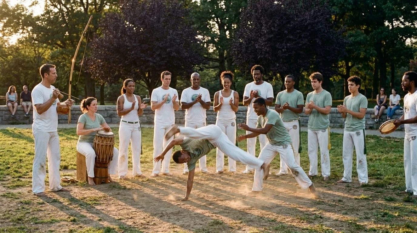 Capoeira roda in a park at sunset with a circle of practitioners around two players in the center and a berimbau musician