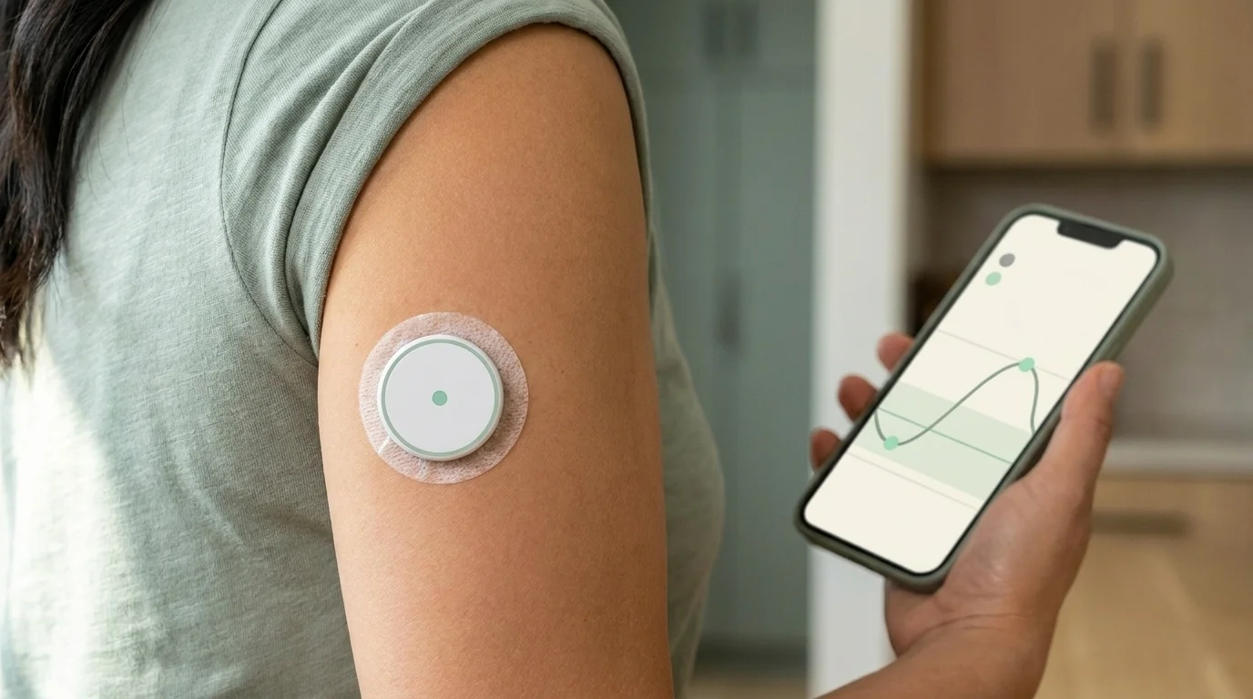 Continuous glucose monitor sensor patch on a woman's upper arm, smartphone showing a glucose curve in her other hand
