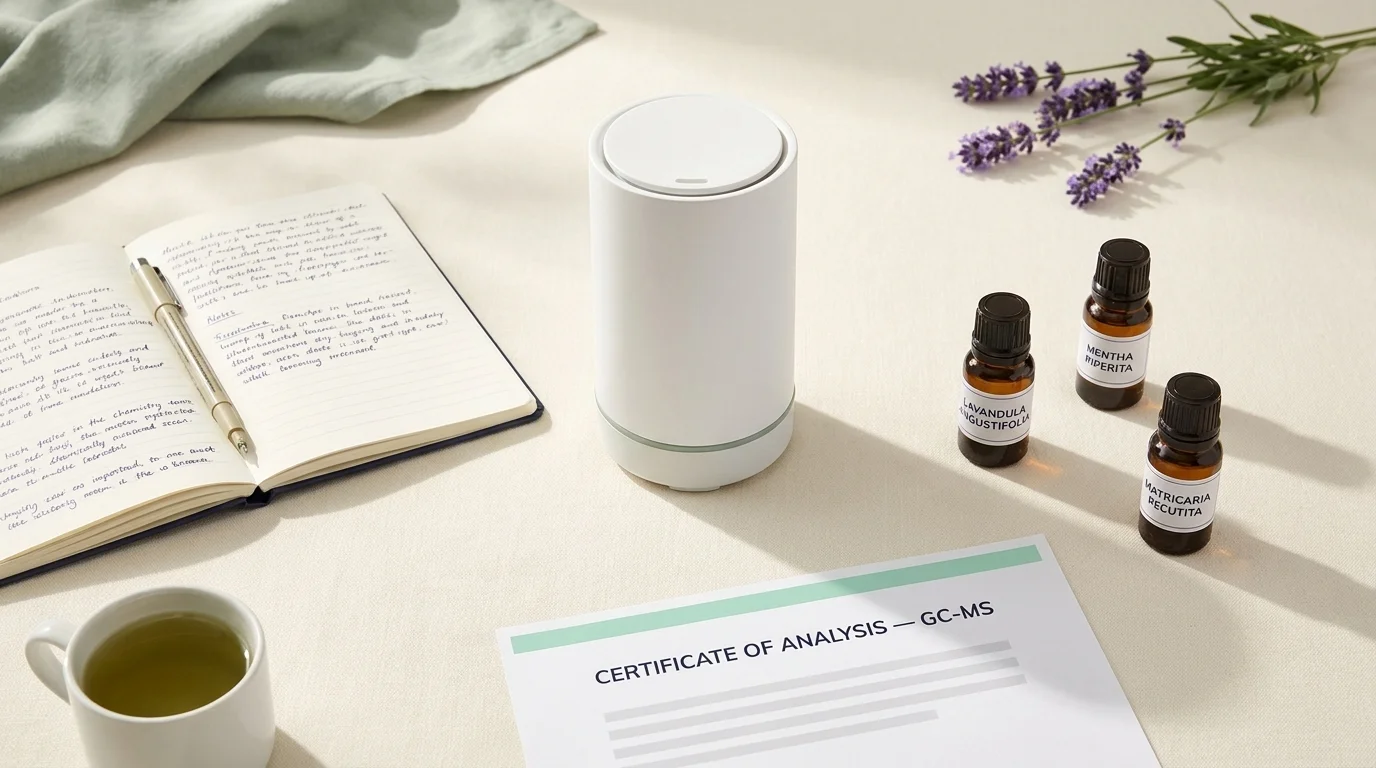 Flat-lay of a clinical aromatherapy setup with diffuser, Latin-labeled amber bottles, a GC-MS certificate, and a notebook