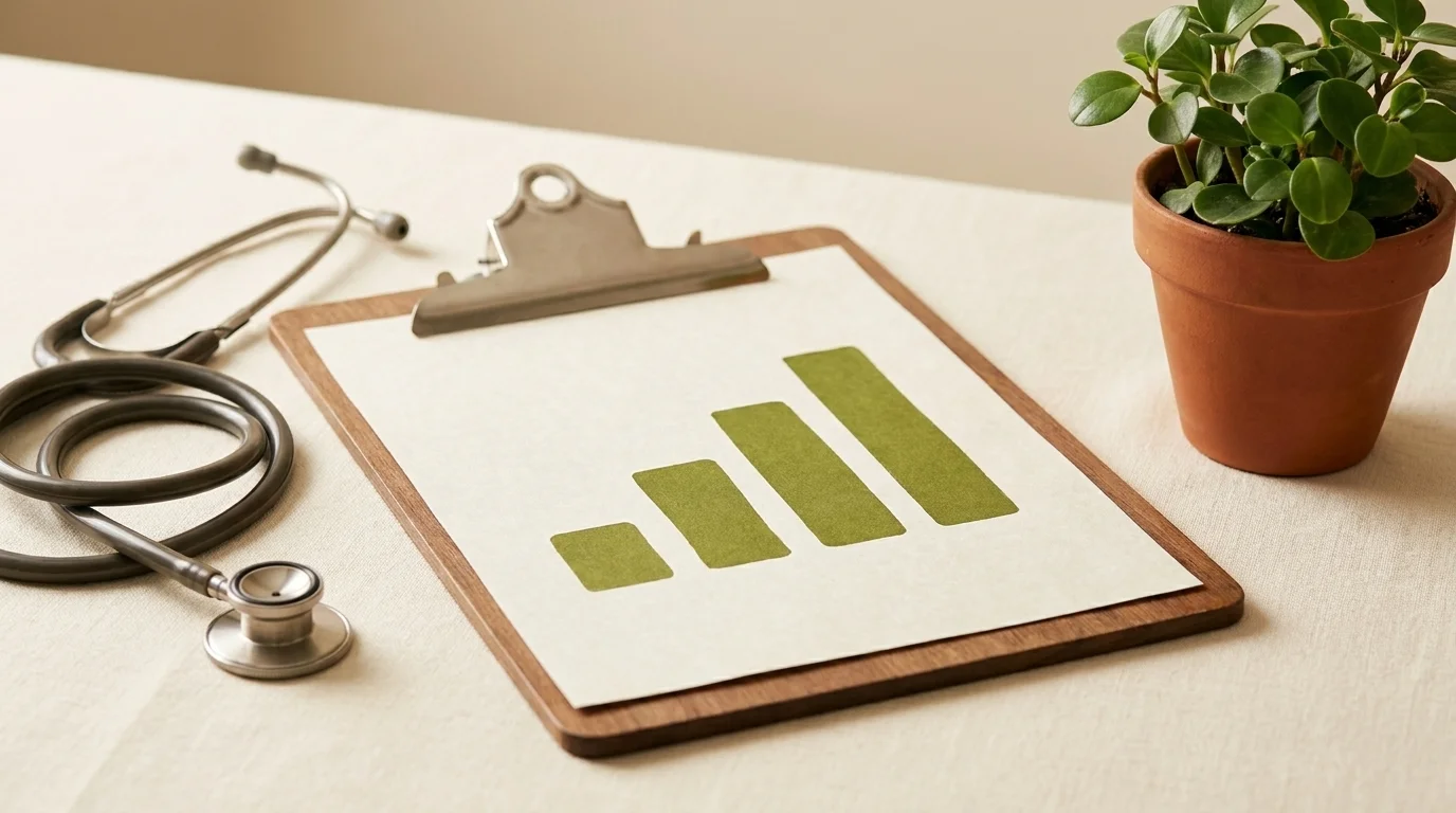 Editorial still life of a healthcare clipboard with a rising bar chart, a stethoscope, and a small potted plant