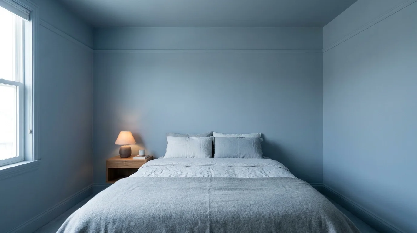 Color-drenched bedroom with walls, ceiling, and trim all in the same soft muted blue-gray