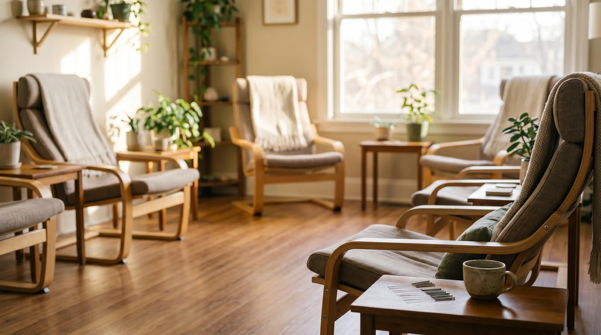 Calm community acupuncture clinic with several reclining chairs in a softly lit shared room with plants