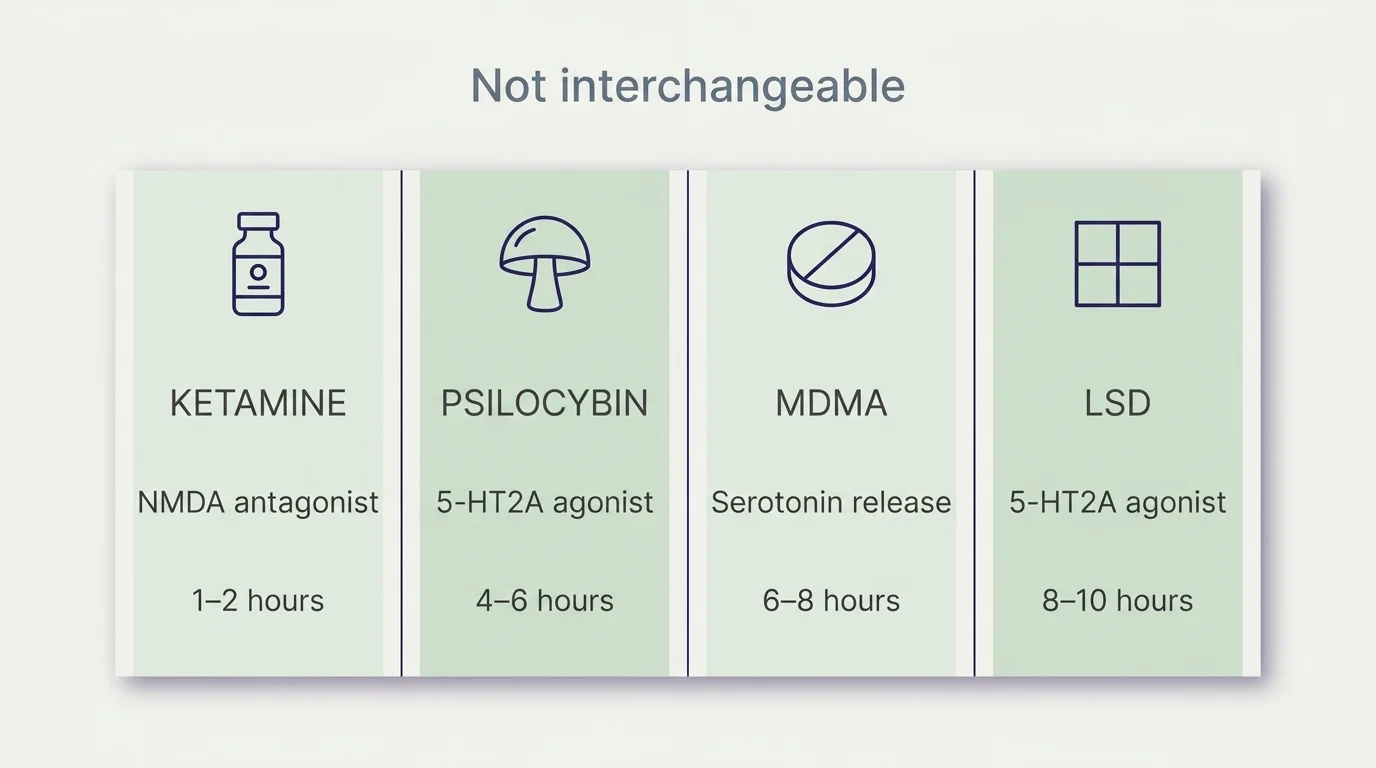 Editorial diagram comparing ketamine, psilocybin, MDMA, and LSD with mechanism and session-duration labels in indigo and mint