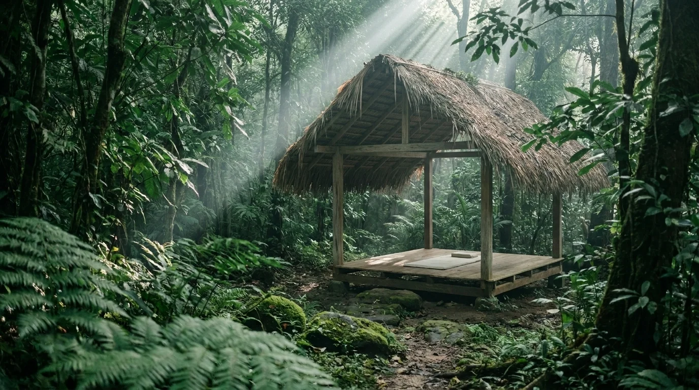 Small wooden meditation pavilion half-visible through Costa Rican forest canopy in soft morning light