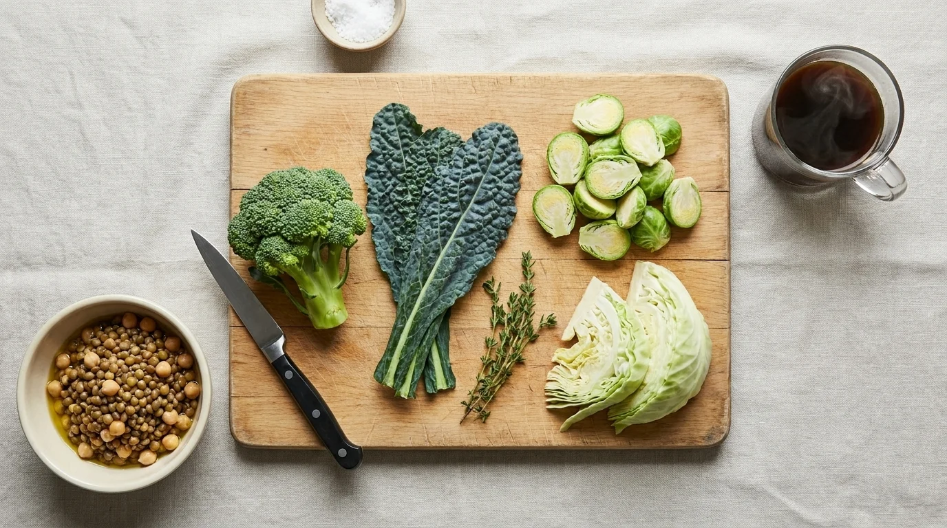 Overhead cutting board with cruciferous broccoli, kale and Brussels sprouts, a glass of black coffee and a bowl of legumes