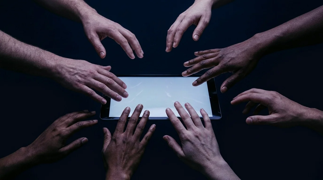 Diverse hands of different skin tones reaching toward a glowing tablet, some lit and some falling into shadow