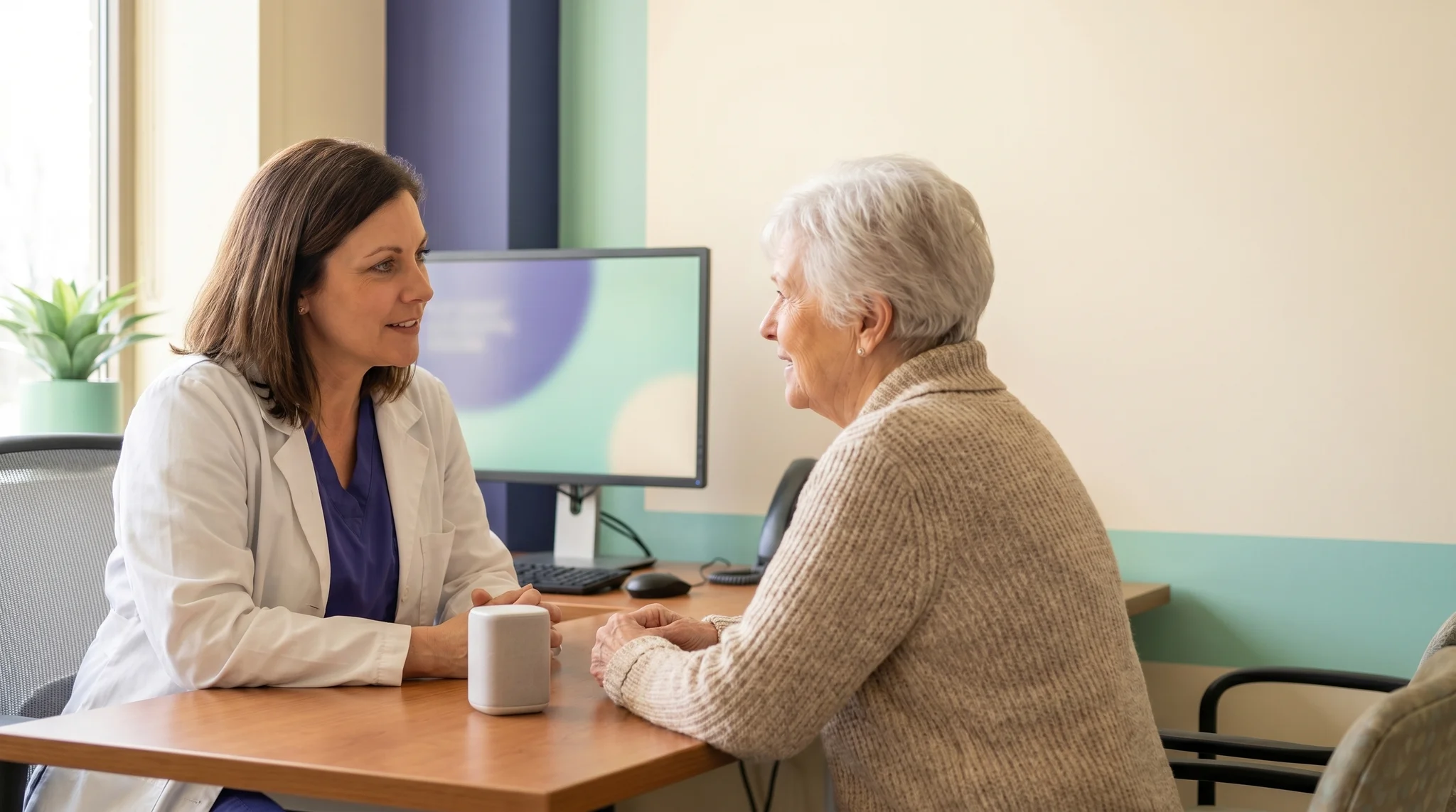 Doctor making eye contact with a patient during a consultation while an ambient AI device quietly takes notes