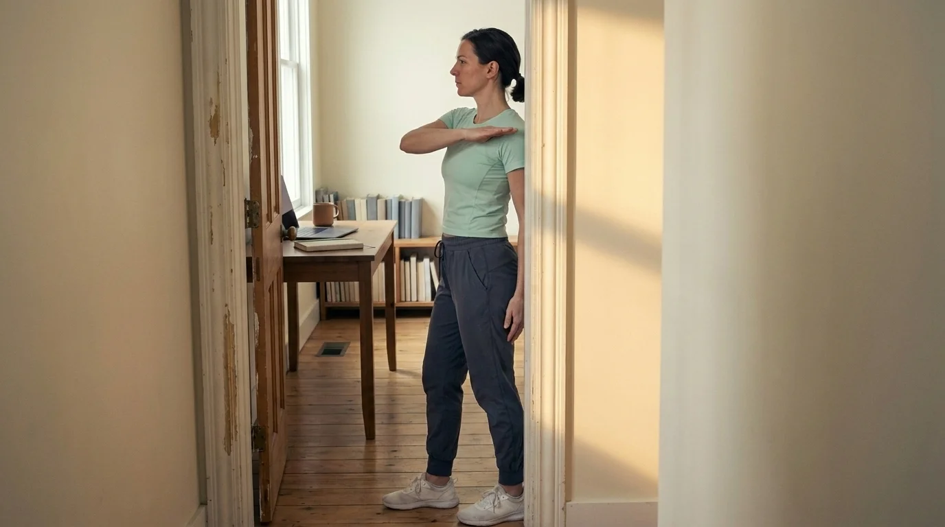 Woman in athletic wear in a doorway, right forearm raised at shoulder height, opening through the chest in a pec stretch