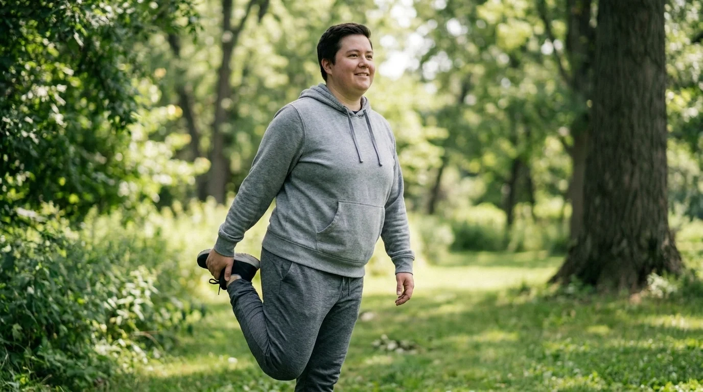 A person taking a relaxed walk and gentle stretch outdoors on a rest day, easy active recovery in a green space