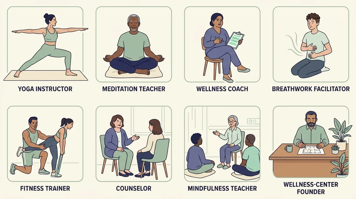 Flat-illustration grid of 8 mind-body career paths spanning yoga, meditation, coaching, breathwork, fitness and clinical work