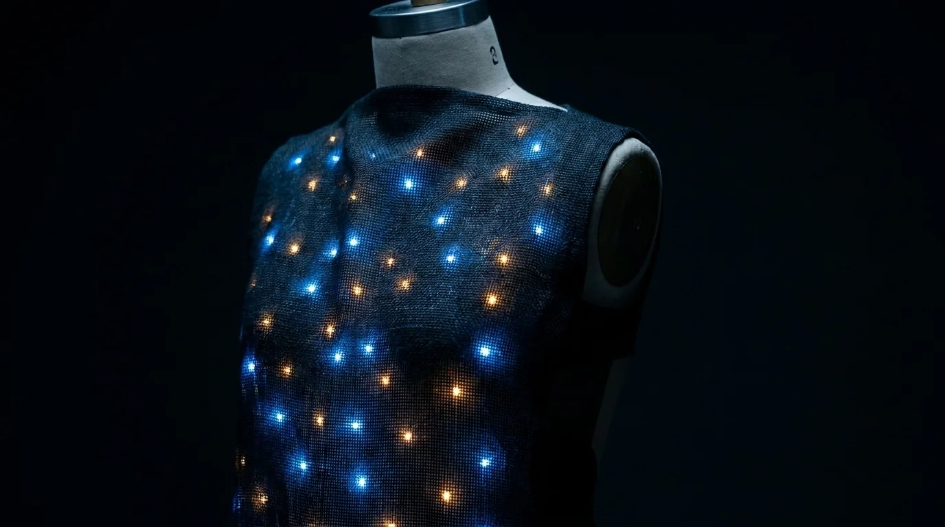Experimental garment on a dress form with embedded LEDs glowing soft blue and amber in a dim gallery