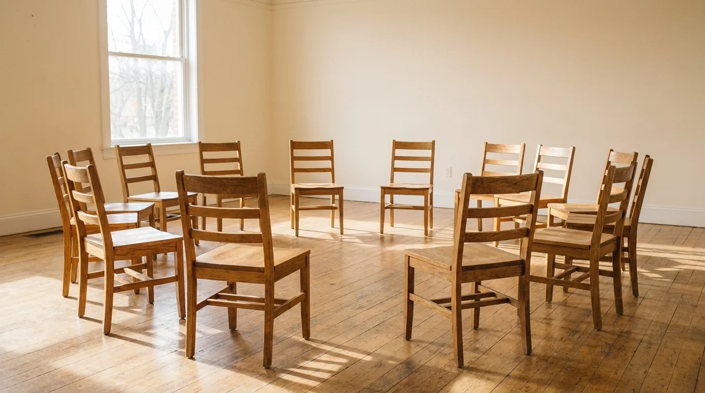 Empty circle of wooden chairs in a warm, light-filled community room, set for a group to gather