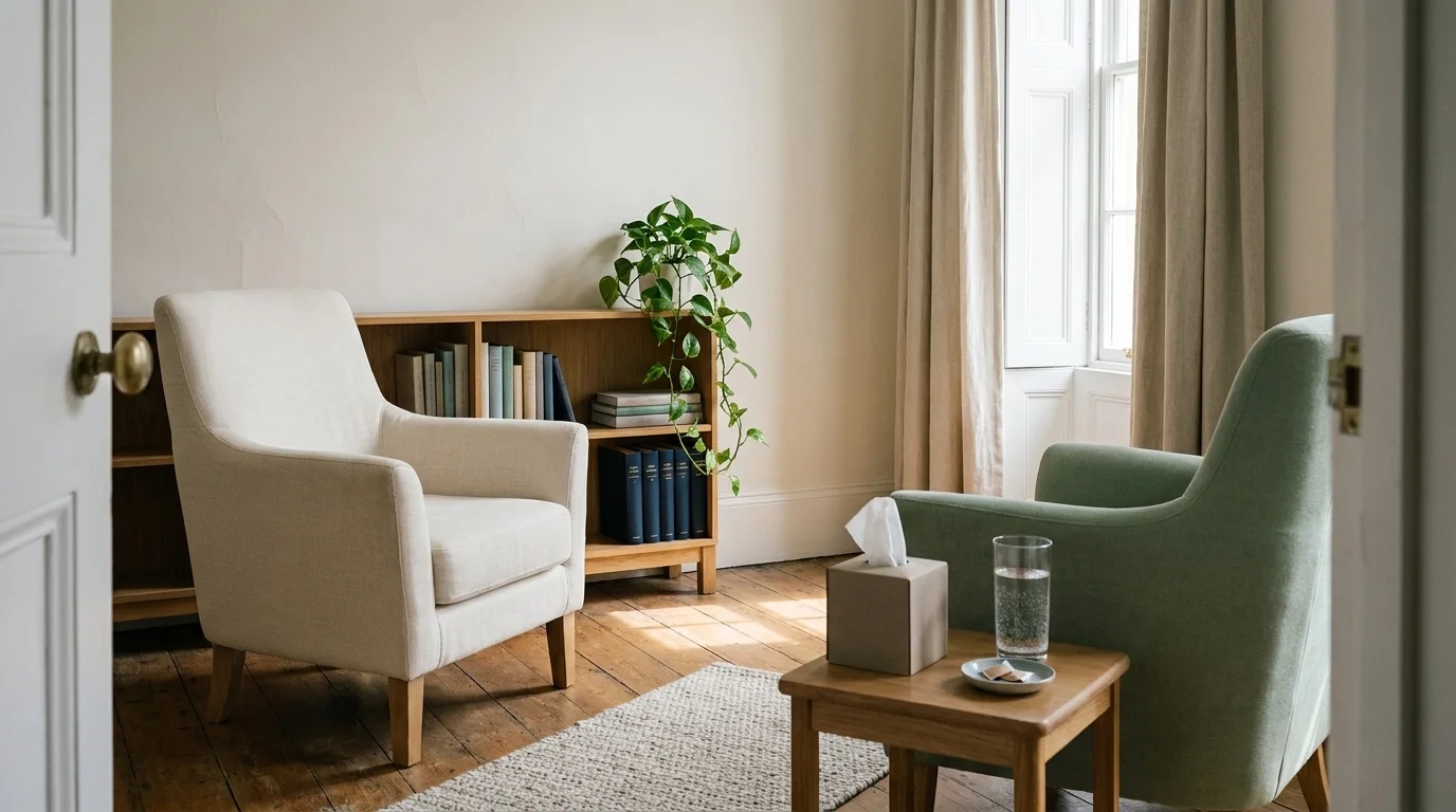 Empty therapy office at mid-morning with two upholstered chairs angled toward each other and a window letting in soft light