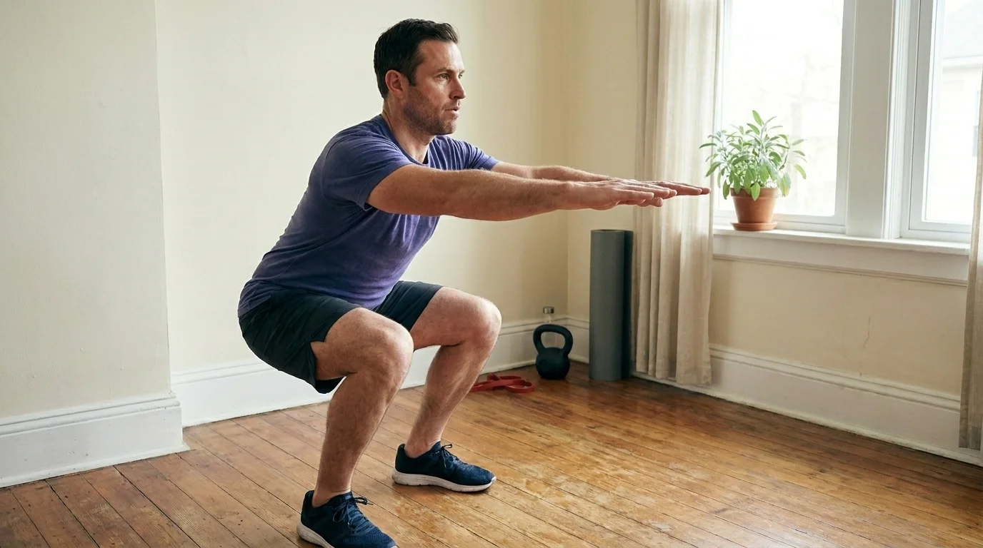 Older adult rising from a sturdy chair in a sit-to-stand movement with good form in a bright living room