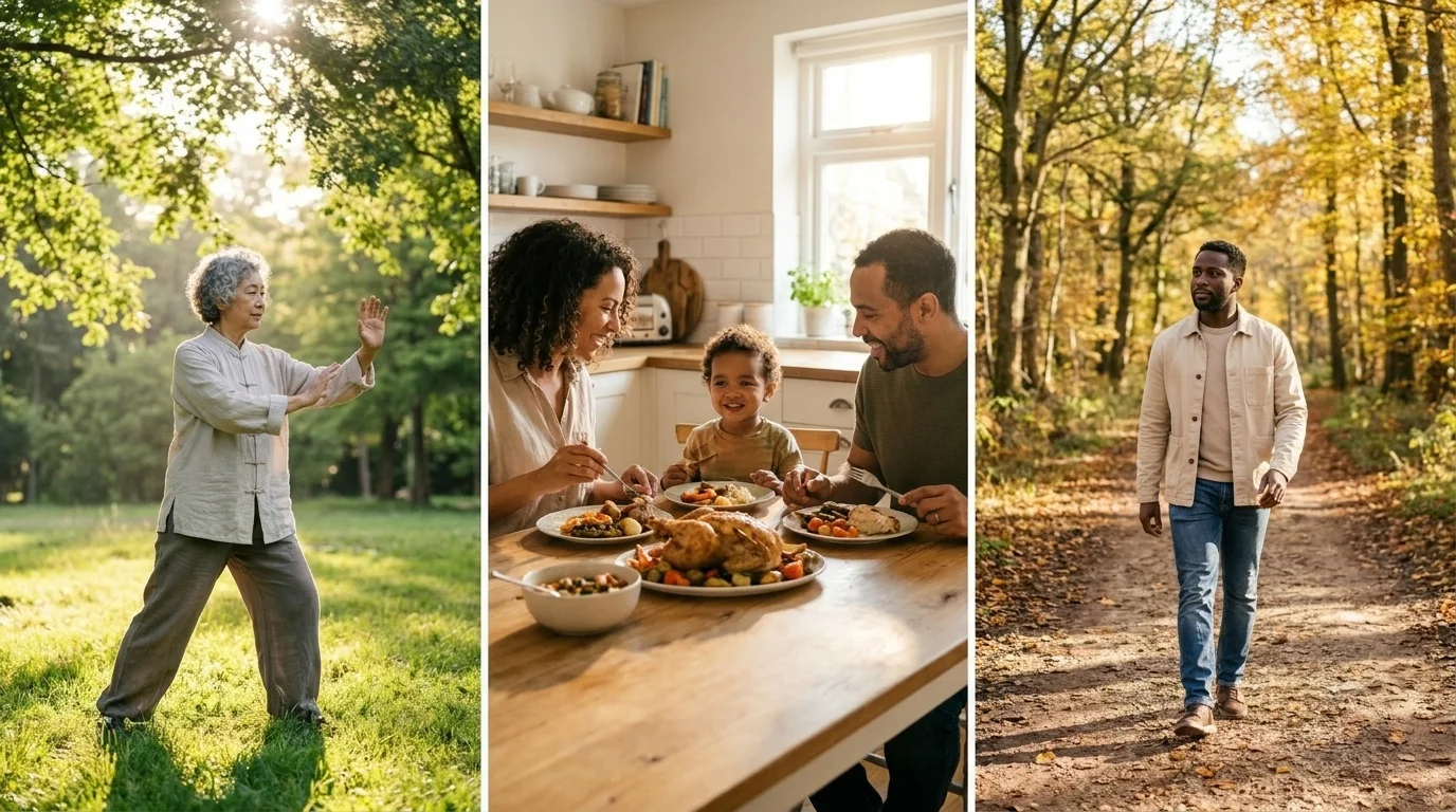 Triptych of everyday wellness — an older woman doing tai chi, a family sharing a meal, a man walking a tree-lined path