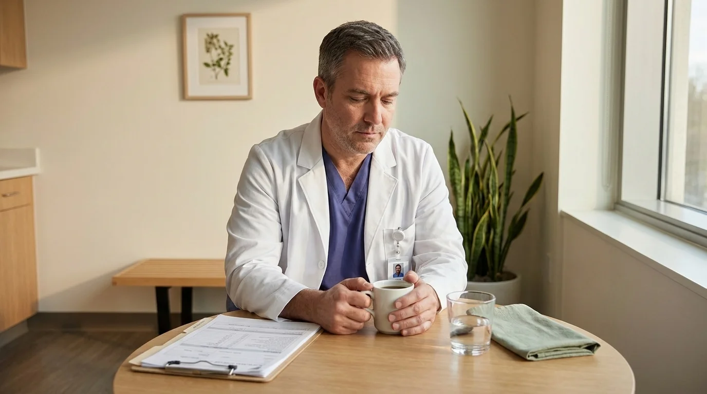 Tired physician in white coat alone in a hospital break room at end of shift with a coffee mug and patient charts nearby