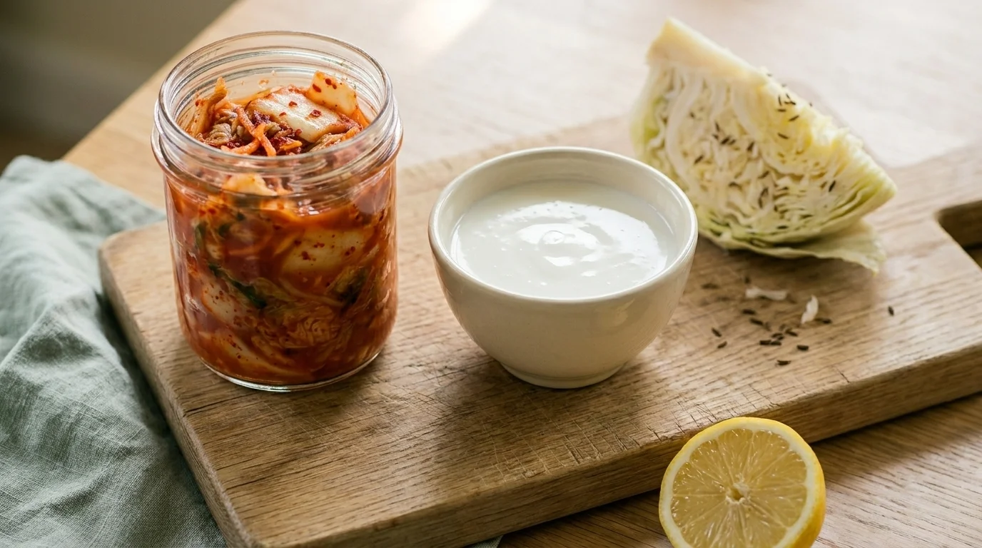 Wood board still life of kimchi jar, kefir bowl, sauerkraut wedge and halved lemon for fermented foods gut health