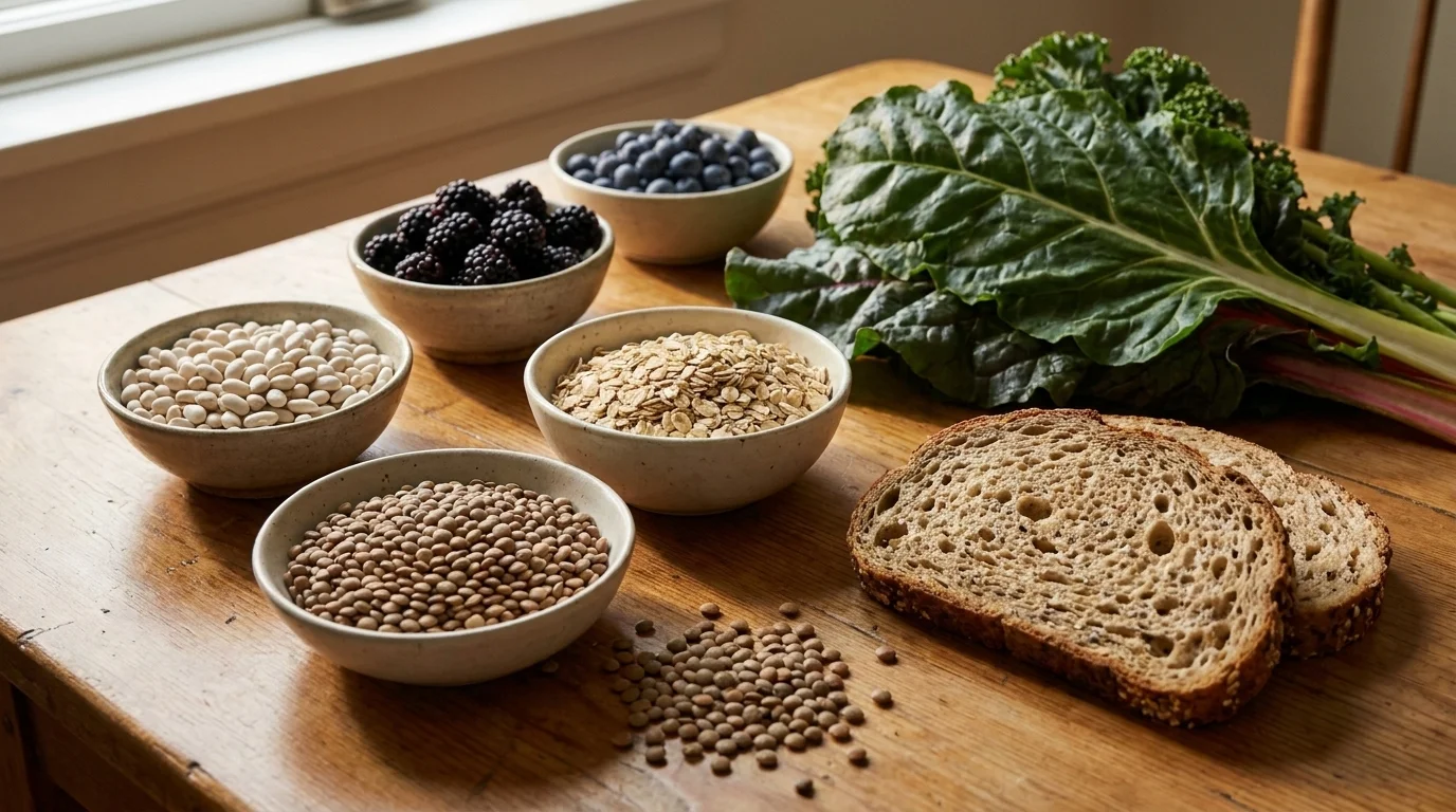 Spread of fibre-rich whole foods on wood: lentils, white beans, oats, berries, leafy greens and seeded bread