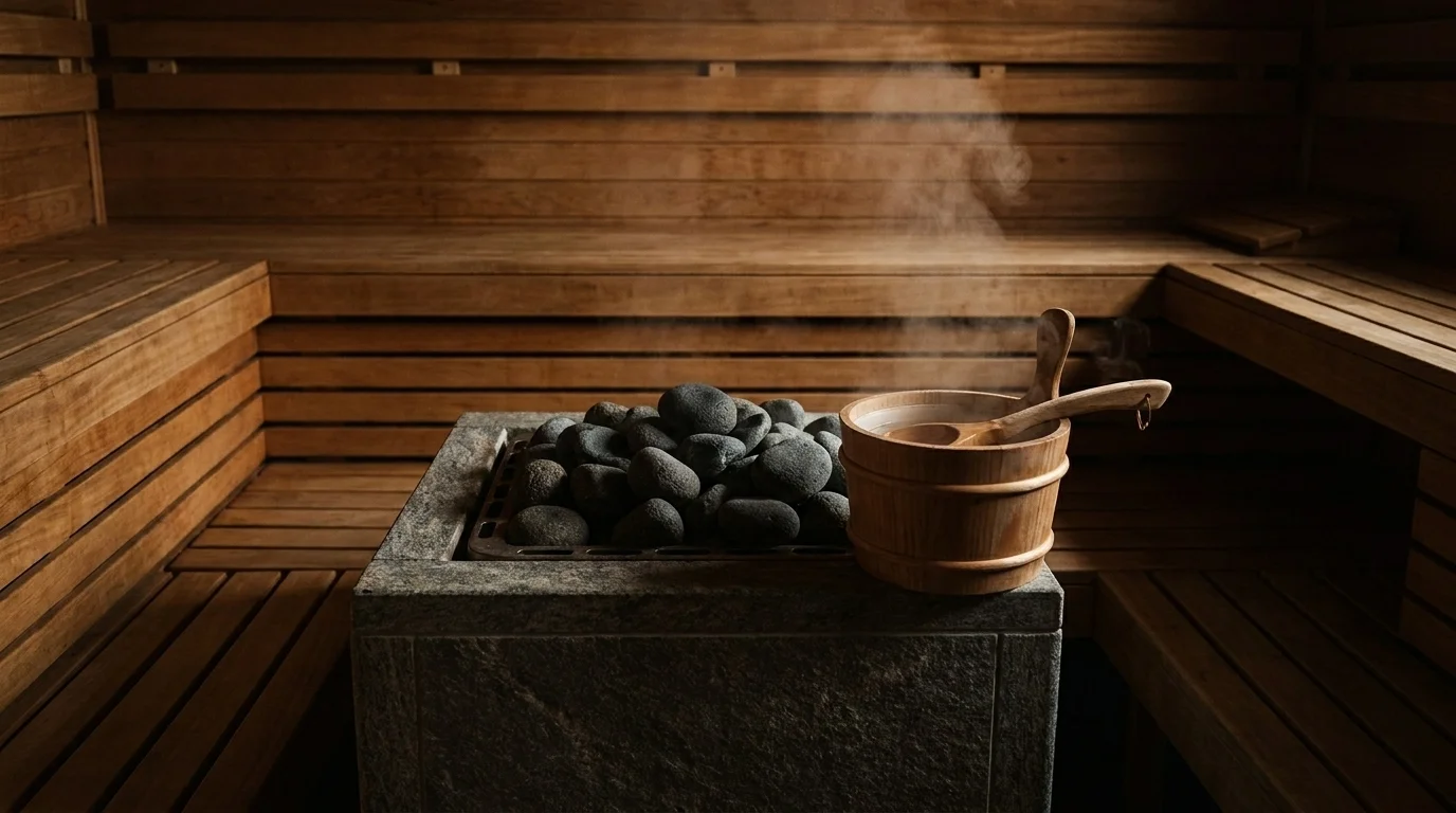 A traditional Finnish sauna interior with wooden benches, a stove of heated stones, and a ladle and water bucket