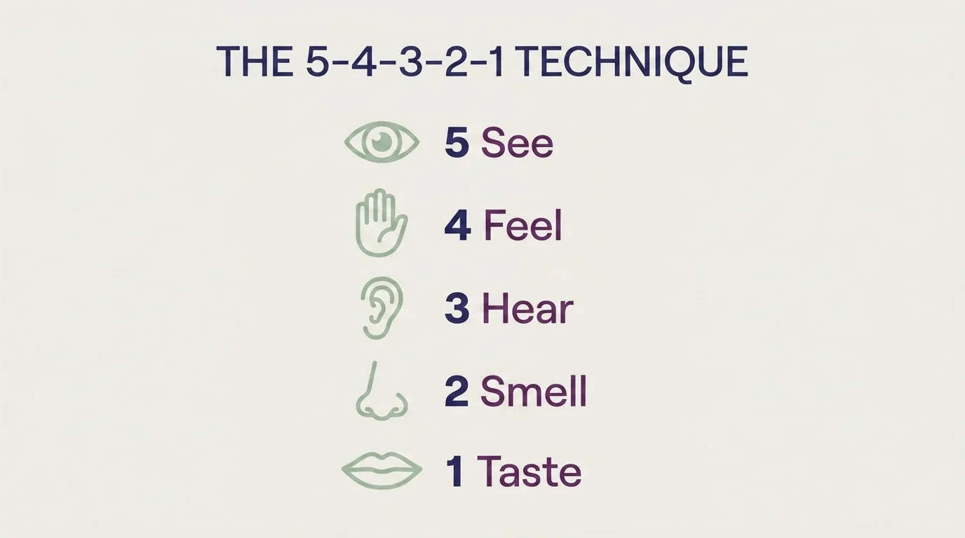 Five stacked senses steps of the 5-4-3-2-1 grounding technique — see, feel, hear, smell, taste — each with a simple icon