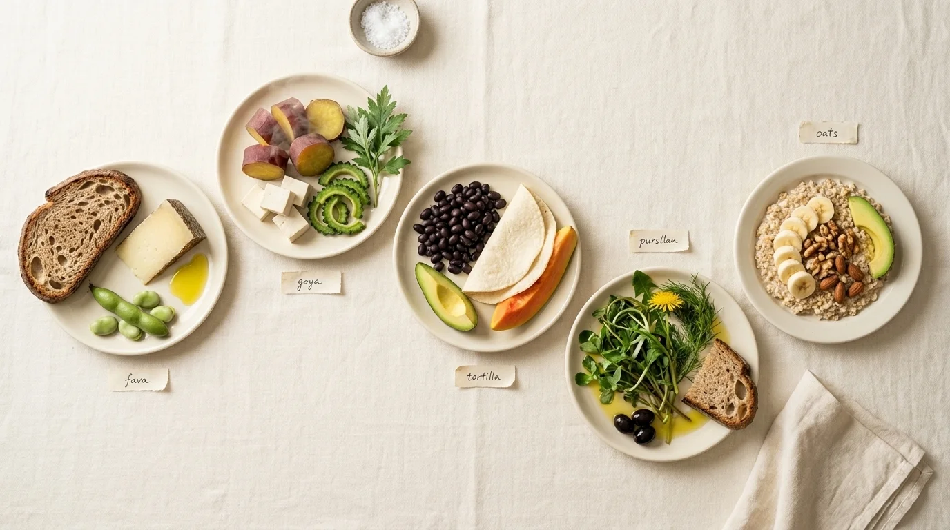 Flat-lay of five small plates representing Sardinian, Okinawan, Nicoyan, Ikarian and Loma Linda blue zones meal plan cuisines