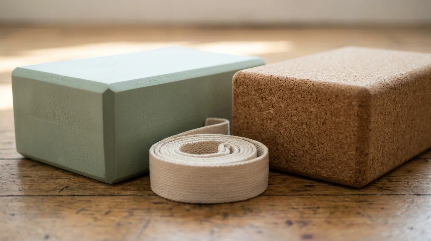 A light foam yoga block and a heavier cork block side by side with a coiled cotton strap on a warm wood floor