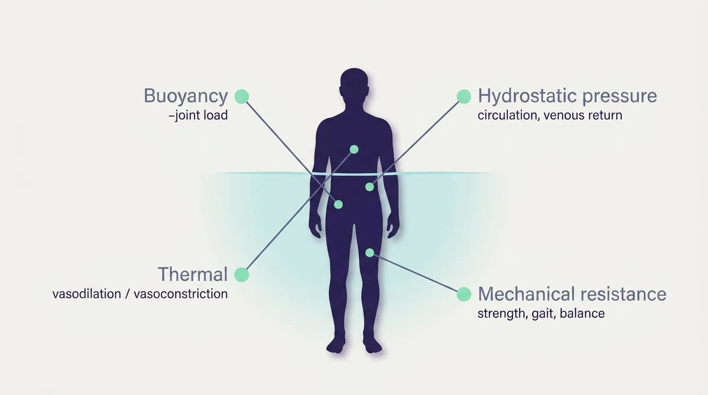 Diagram of four hydrotherapy mechanisms — buoyancy, pressure, thermal, mechanical — around a silhouette in water