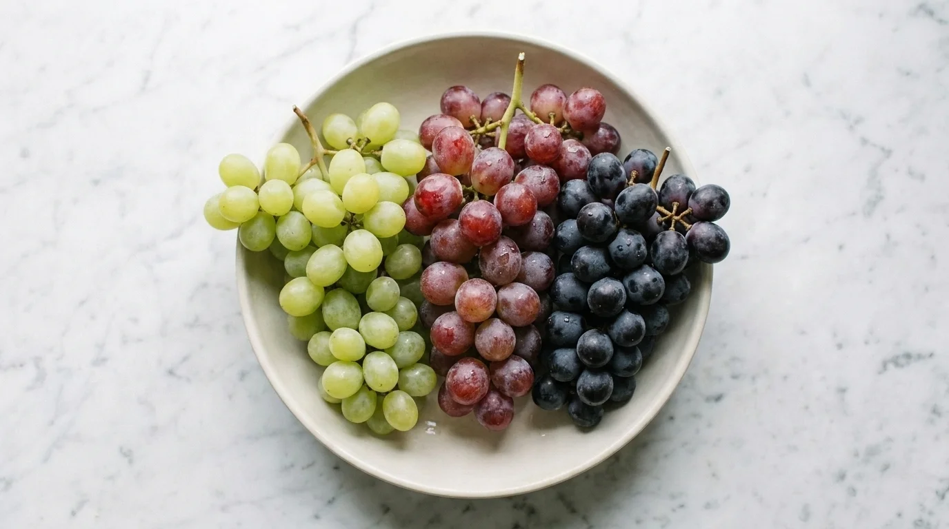 Overhead view of green, red and black grapes grouped side by side, showing the color difference across the three varieties