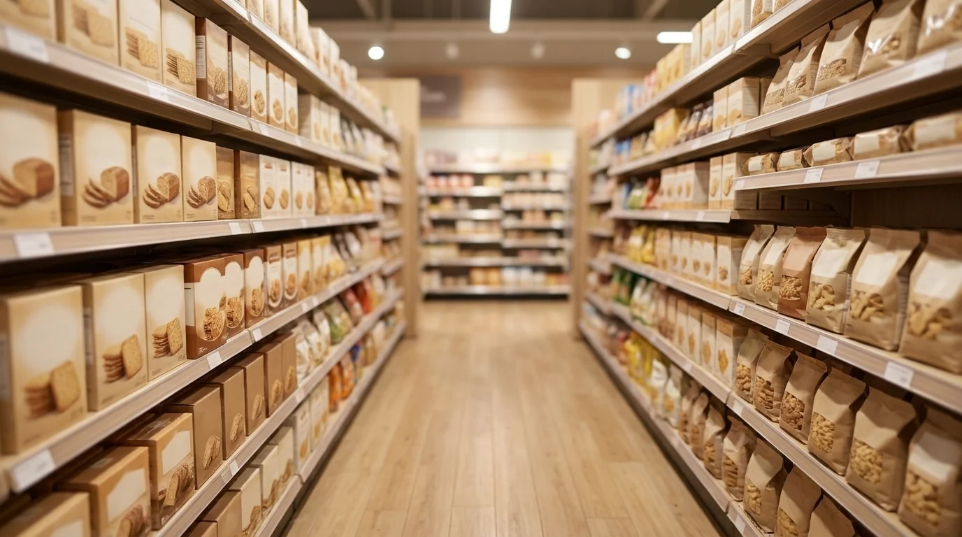 A grocery-store aisle stocked with packaged gluten-free breads, crackers, and snacks under neutral retail lighting