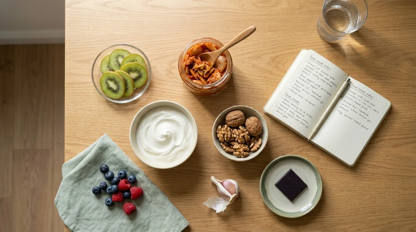 Flat-lay of gut-brain foods — kimchi, plain yogurt, blueberries, walnuts, garlic, dark chocolate — on a wood counter