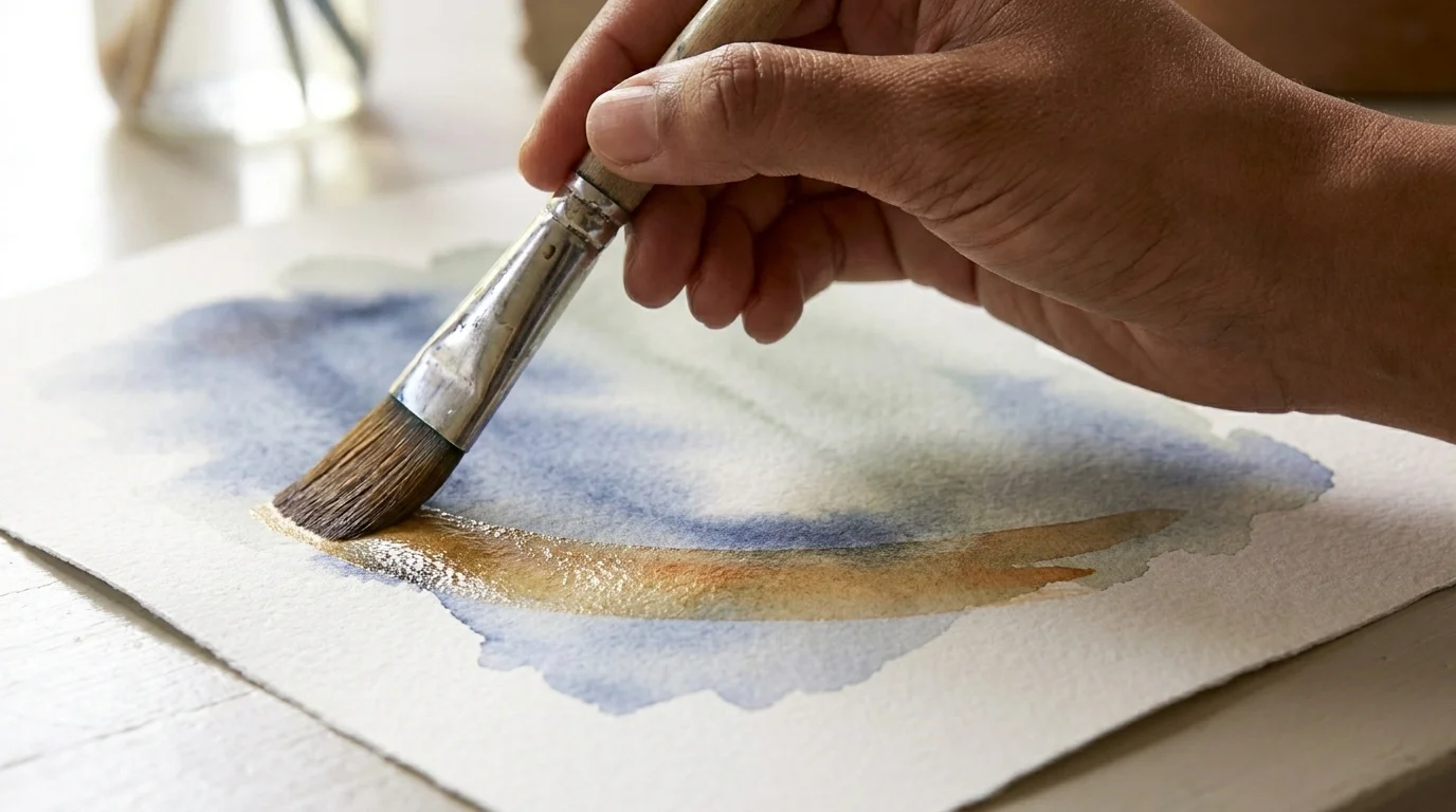 A hand brushes loose blue and sage washes with one warm streak in a color-mapping art therapy activity, soft light