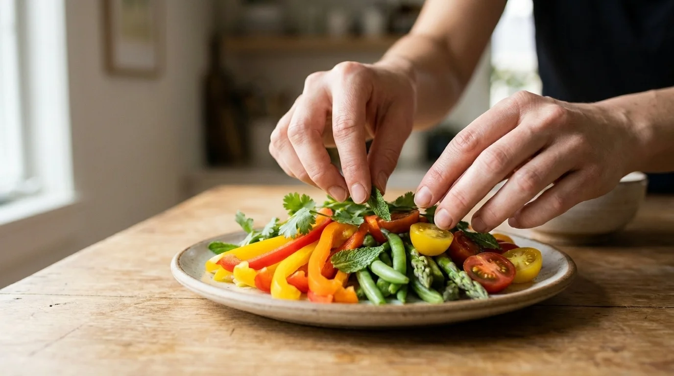 Hands slowly arranging colorful vegetables and herbs on a plate at a home-kitchen counter in warm window light