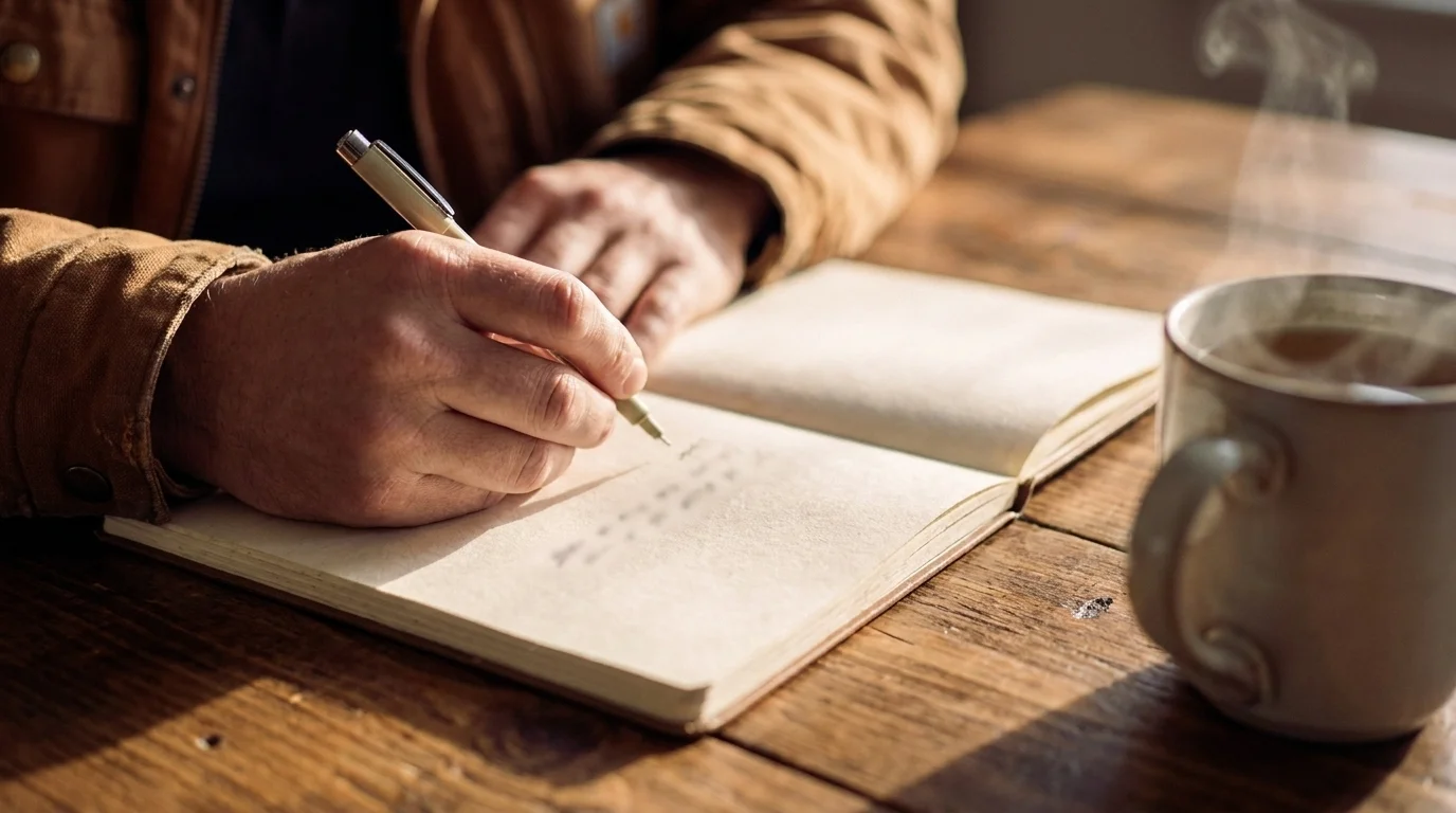 Hands writing in a notebook at a sunlit kitchen table with a warm cup of tea nearby