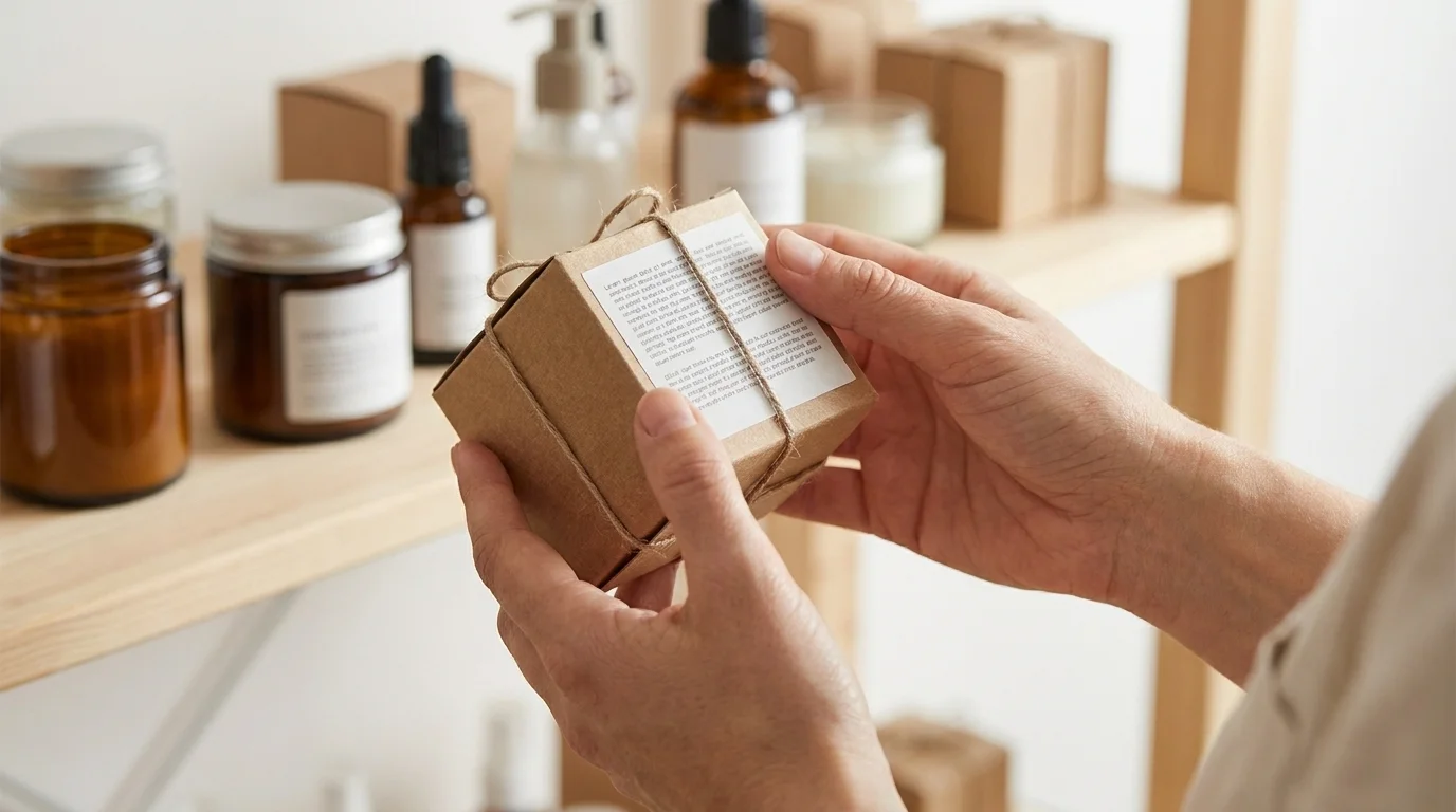 Close-up of hands turning a wellness product to read the small-print ingredient list on the back of the package in a store