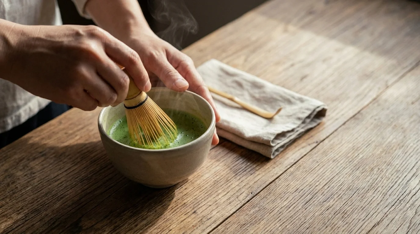 Hands whisking bright green matcha with a bamboo whisk in a ceramic bowl on a wooden table, steam rising in side light
