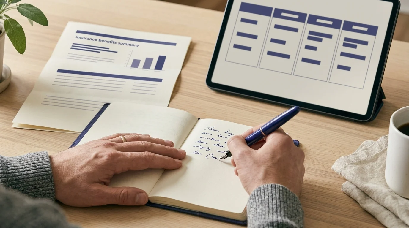 Hands writing in a notebook beside a printed insurance summary and laptop with a healthcare cost grid for hsa medical expenses