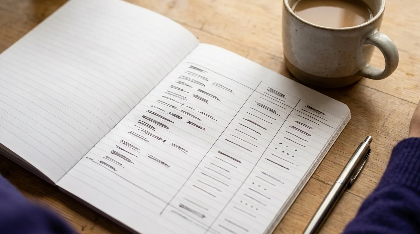 A lined notebook of a handwritten monthly budget on a wooden desk beside a coffee cup and pen in soft daylight