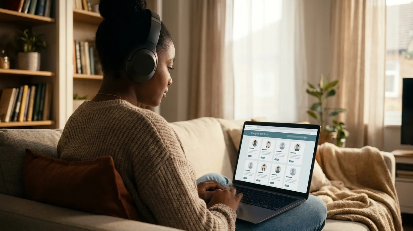 A young Black woman in headphones browsing a therapist-directory webpage on a laptop at home, finding mental health care