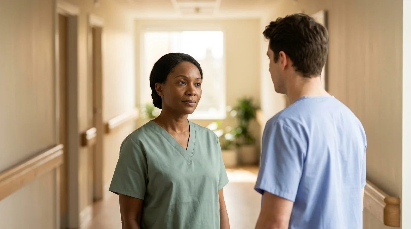 Composed healthcare leader in scrubs in a quiet, supportive conversation with a colleague in a hospital corridor