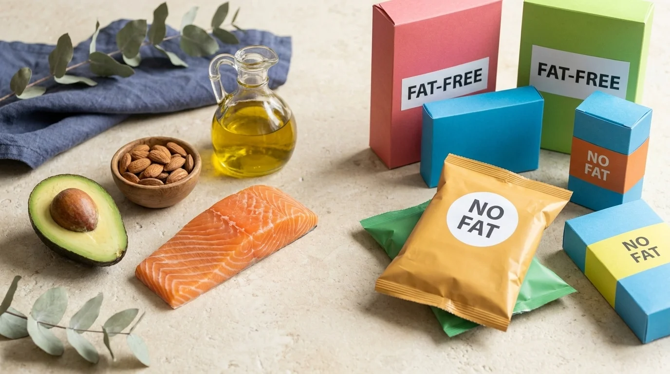 Whole foods rich in healthy fats — avocado, almonds, olive oil, salmon — beside packaged processed fat-free snack products