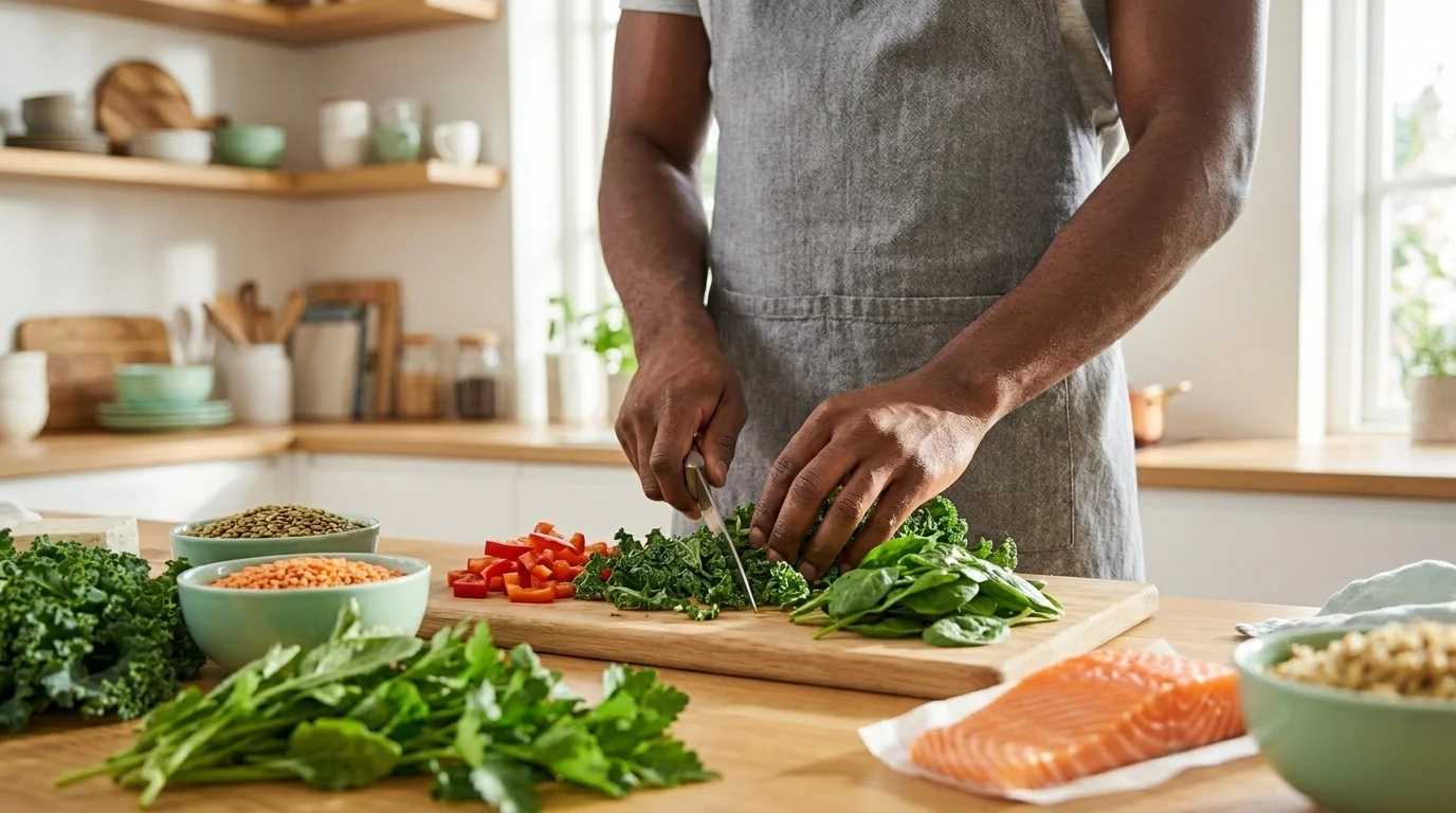 Person at a sunlit kitchen counter chopping vegetables with legumes and lean protein laid out nearby