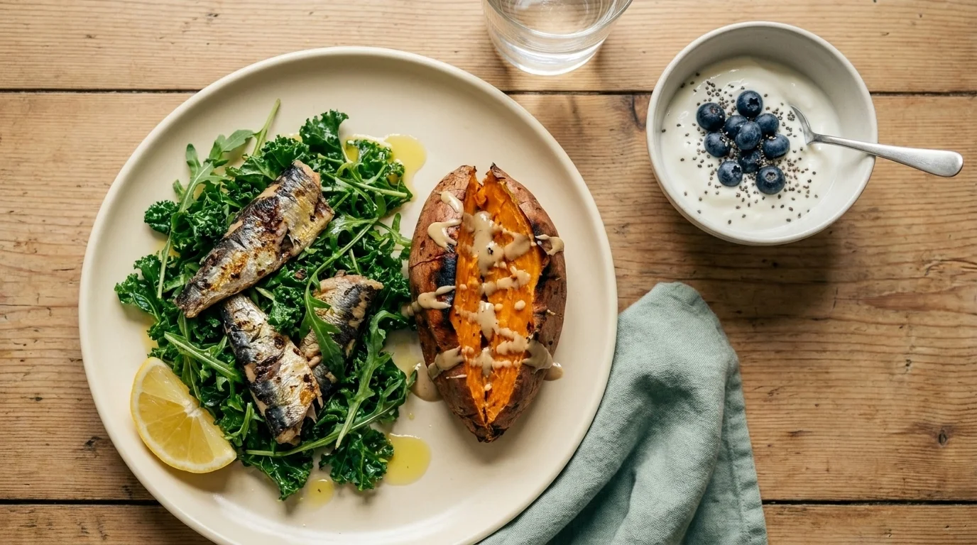 Home dinner plate with sardine-and-greens salad, half a roasted sweet potato, and a side bowl of yogurt with blueberries