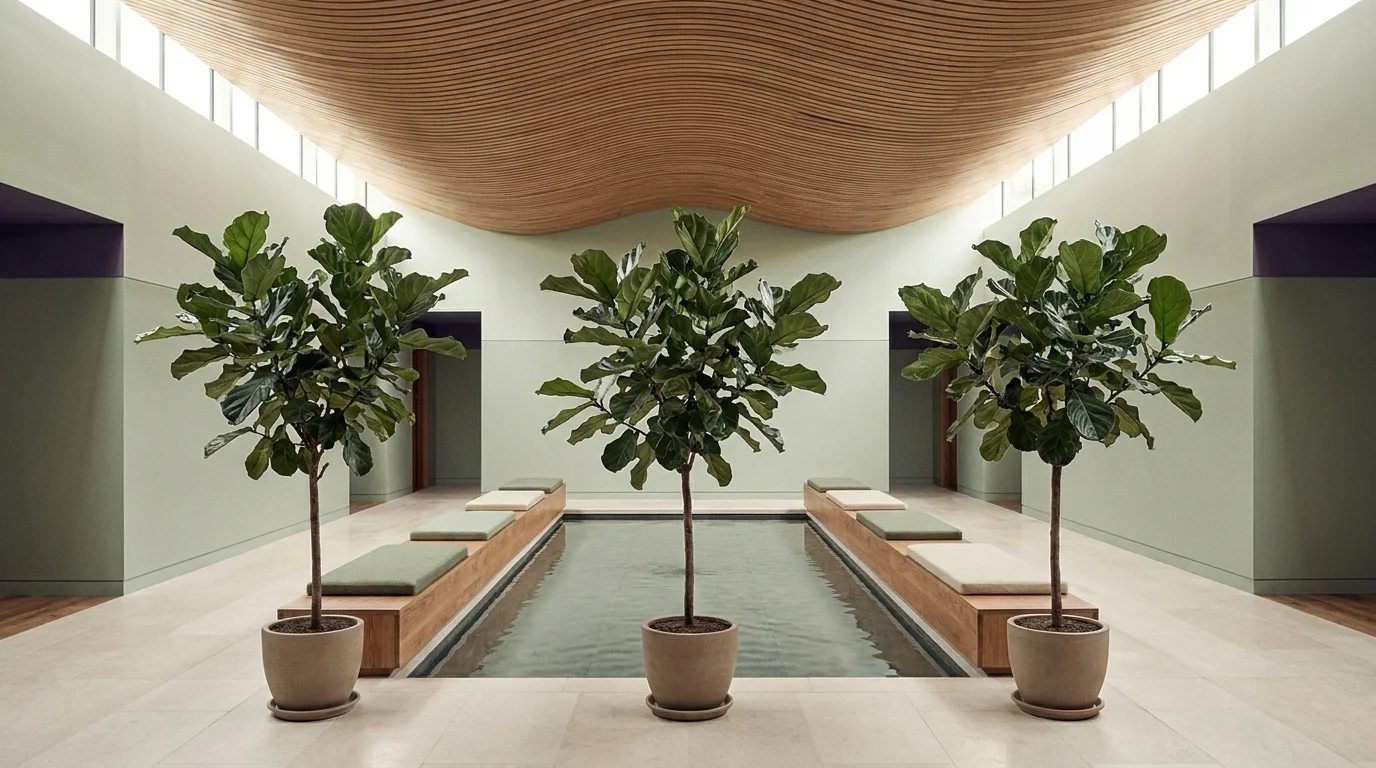 Hospital atrium with clerestory daylight, mature potted trees, a small reflecting pool, and a curved organic timber ceiling