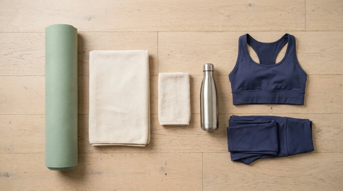 Overhead flat-lay of a hot yoga kit — rolled mat, folded towel, hand towel, steel water bottle and moisture-wicking clothes