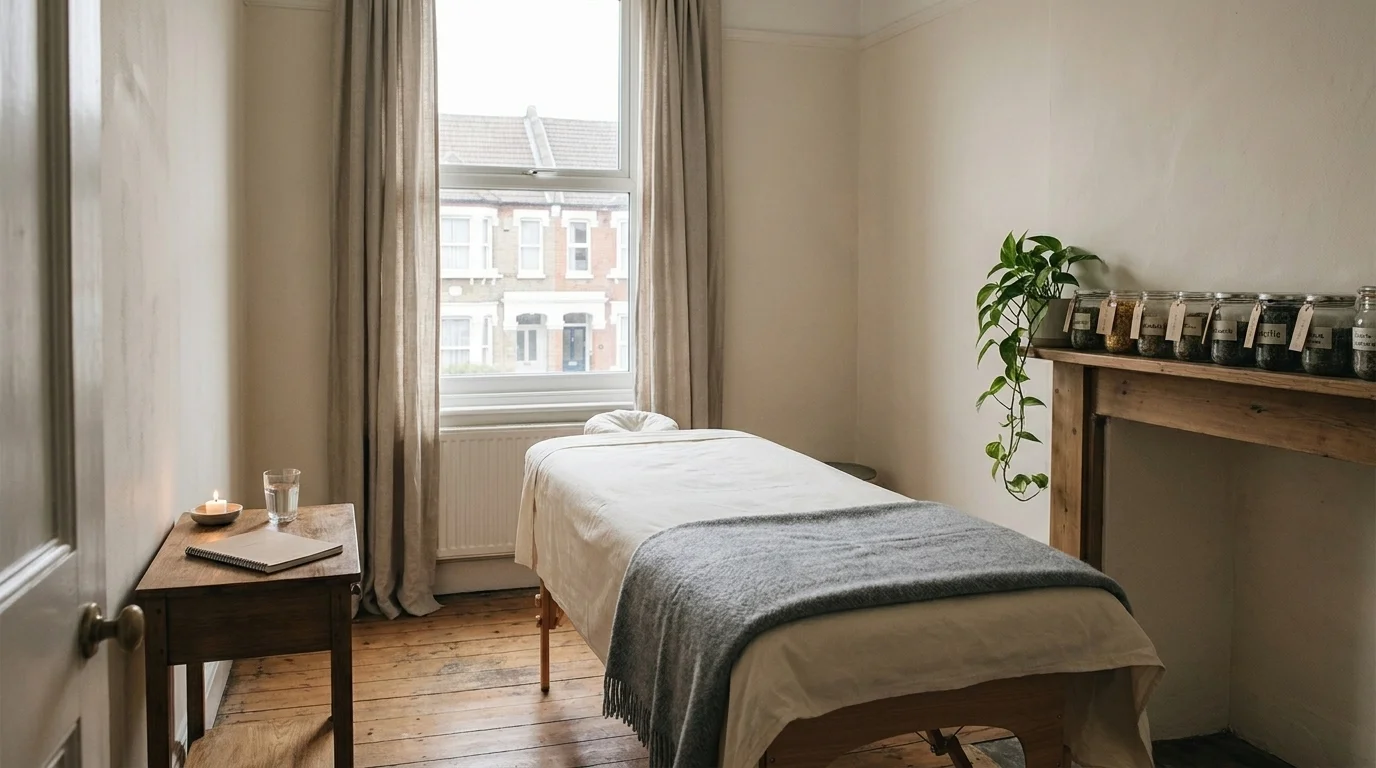 Quiet independent practitioner treatment room with treatment table, folded grey blanket, residential window