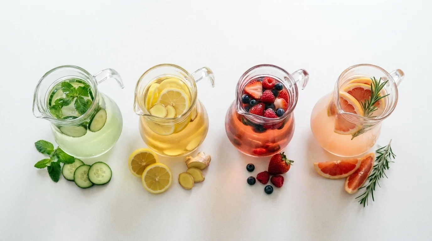 Overhead view of four infused-water pitchers with their fresh ingredients — cucumber-mint, lemon-ginger, berry and grapefruit